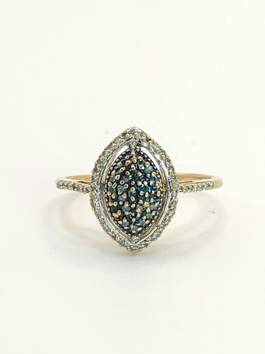Vintage: 9ct Gold Blue & White Diamond Marquise Cluster Ring