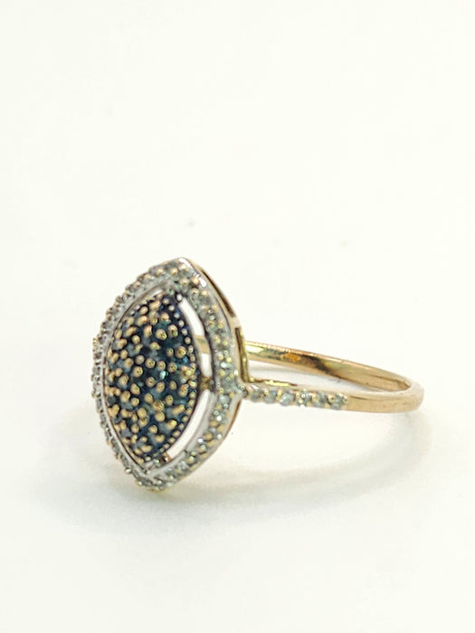 Vintage: 9ct Gold Blue & White Diamond Marquise Cluster Ring