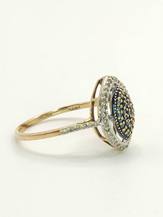 Vintage: 9ct Gold Blue & White Diamond Marquise Cluster Ring