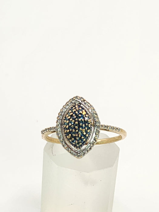 Vintage: 9ct Gold Blue & White Diamond Marquise Cluster Ring