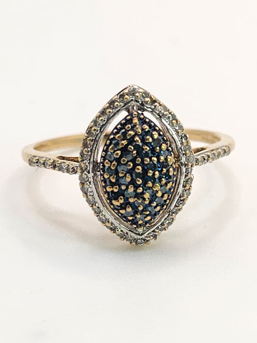 Vintage: 9ct Gold Blue & White Diamond Marquise Cluster Ring