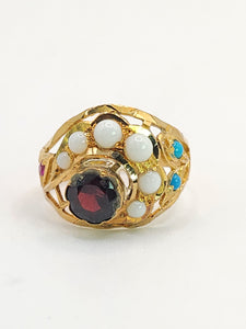 1472: Antique: 22ct Gold Mult-Gem "Bombe" Ring- Moonstones, Turquoise, Ruby- Wonderful