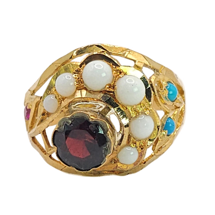 1472: Antique: 22ct Gold Mult-Gem "Bombe" Ring- Moonstones, Turquoise, Ruby- Wonderful