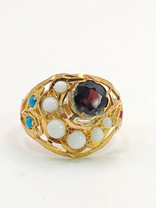 1472: Antique: 22ct Gold Mult-Gem "Bombe" Ring- Moonstones, Turquoise, Ruby- Wonderful