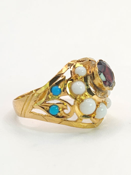 1472: Antique: 22ct Gold Mult-Gem "Bombe" Ring- Moonstones, Turquoise, Ruby- Wonderful