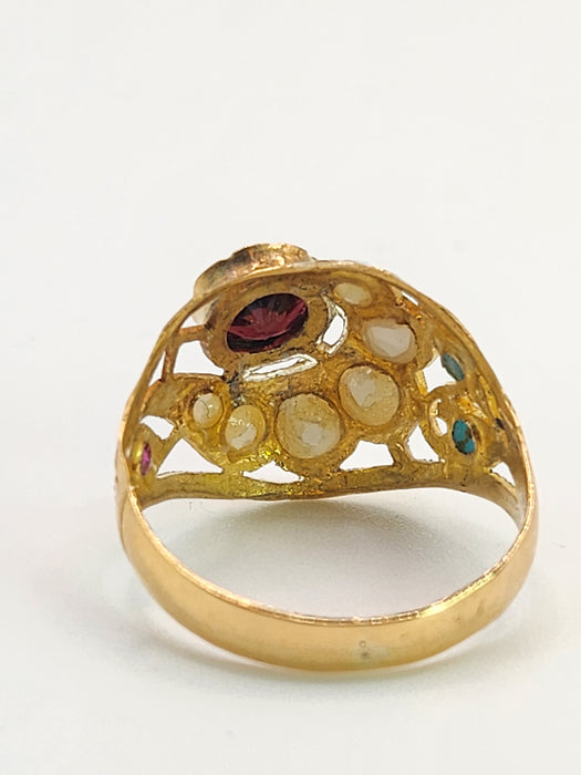 1472: Antique: 22ct Gold Mult-Gem "Bombe" Ring- Moonstones, Turquoise, Ruby- Wonderful