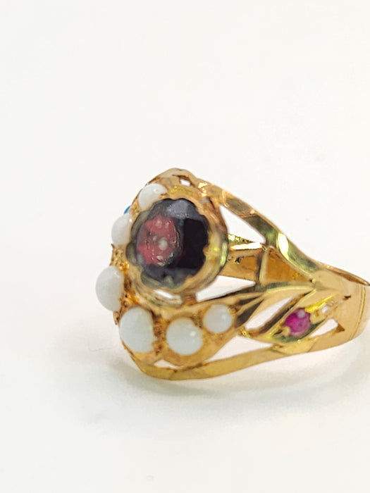 1472: Antique: 22ct Gold Mult-Gem "Bombe" Ring- Moonstones, Turquoise, Ruby- Wonderful