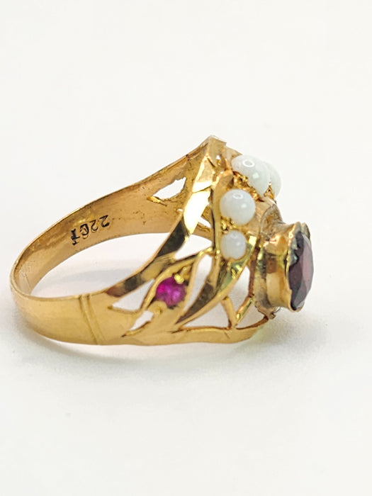 1472: Antique: 22ct Gold Mult-Gem "Bombe" Ring- Moonstones, Turquoise, Ruby- Wonderful