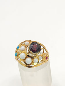 1472: Antique: 22ct Gold Mult-Gem "Bombe" Ring- Moonstones, Turquoise, Ruby- Wonderful