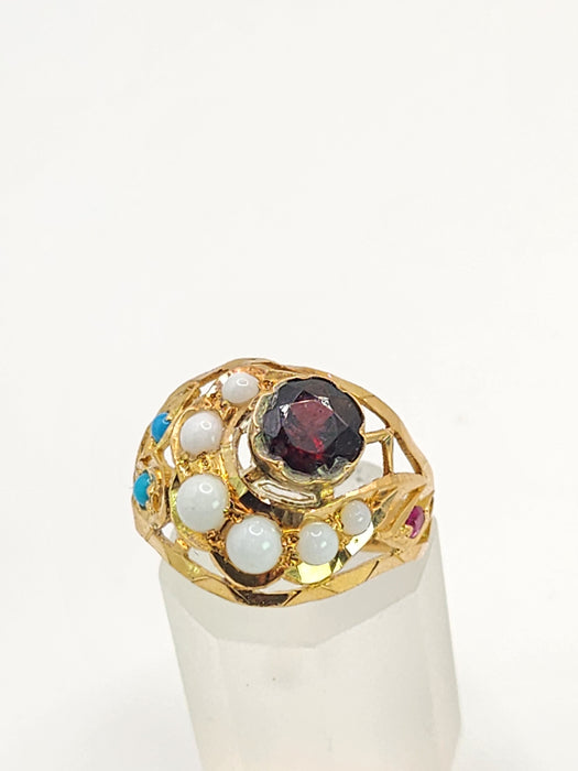 1472: Antique: 22ct Gold Mult-Gem "Bombe" Ring- Moonstones, Turquoise, Ruby- Wonderful