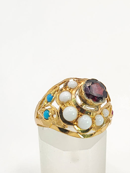 1472: Antique: 22ct Gold Mult-Gem "Bombe" Ring- Moonstones, Turquoise, Ruby- Wonderful