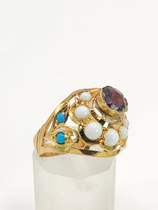 1472: Antique: 22ct Gold Mult-Gem "Bombe" Ring- Moonstones, Turquoise, Ruby- Wonderful