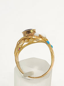 1472: Antique: 22ct Gold Mult-Gem "Bombe" Ring- Moonstones, Turquoise, Ruby- Wonderful