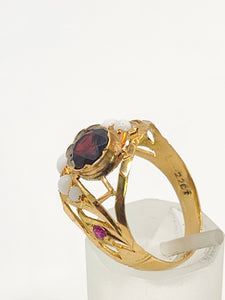 1472: Antique: 22ct Gold Mult-Gem "Bombe" Ring- Moonstones, Turquoise, Ruby- Wonderful