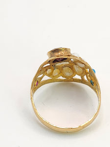1472: Antique: 22ct Gold Mult-Gem "Bombe" Ring- Moonstones, Turquoise, Ruby- Wonderful