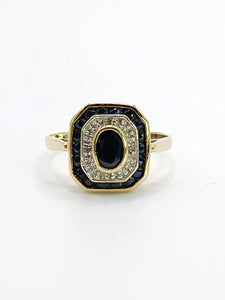 1686: Vintage: 9ct Gold Art Deco Style Sapphires Diamonds Panel Ring- Exquisite