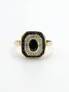 1686: Vintage: 9ct Gold Art Deco Style Sapphires Diamonds Panel Ring- Exquisite
