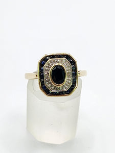 1686: Vintage: 9ct Gold Art Deco Style Sapphires Diamonds Panel Ring- Exquisite