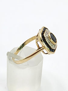 1686: Vintage: 9ct Gold Art Deco Style Sapphires Diamonds Panel Ring- Exquisite