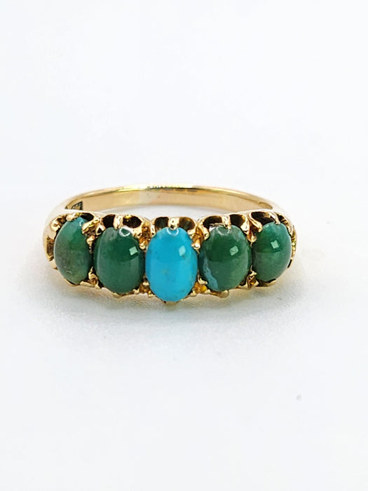 1719: Vintage & Old: 18ct Gold 5 Turquoises Half-Hoop Ring-Rare find