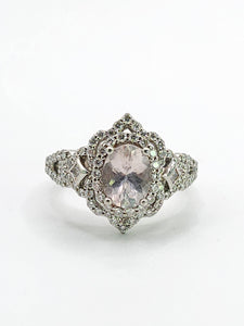 1781: Vintage: 9ct White Gold Pink Morganite Pave Natural Diamonds (0.75ct) Dress Ring- Sparkling beauty