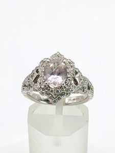 1781: Vintage: 9ct White Gold Pink Morganite Pave Natural Diamonds (0.75ct) Dress Ring- Sparkling beauty