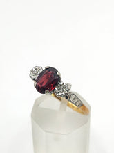 Cargar imagen en el visor de la galería, 1830: Vintage: 18ct Gold Almandine Garnet Diamonds 3-Stone Straight Ring- Superb
