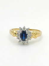 Cargar imagen en el visor de la galería, 1880: Vintage: 18ct Gold Blue Sapphire 16 Diamonds Dress Ring- She is exquisite
