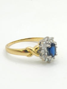 1880: Vintage: 18ct Gold Blue Sapphire 16 Diamonds Dress Ring- She is exquisite