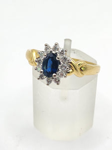1880: Vintage: 18ct Gold Blue Sapphire 16 Diamonds Dress Ring- She is exquisite