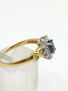 1880: Vintage: 18ct Gold Blue Sapphire 16 Diamonds Dress Ring- She is exquisite