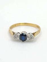 Load image into Gallery viewer, 1926: Vintage: 18ct Gold French Blue Sapphire Diamonds 3-Stone Straight Ring- From 1973
