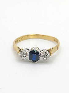 1926: Vintage: 18ct Gold French Blue Sapphire Diamonds 3-Stone Straight Ring- From 1973