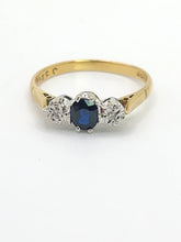 Load image into Gallery viewer, 1926: Vintage: 18ct Gold French Blue Sapphire Diamonds 3-Stone Straight Ring- From 1973
