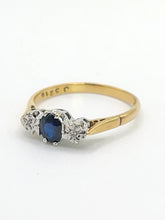Load image into Gallery viewer, 1926: Vintage: 18ct Gold French Blue Sapphire Diamonds 3-Stone Straight Ring- From 1973
