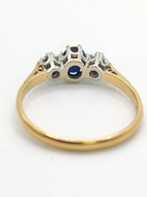 Load image into Gallery viewer, 1926: Vintage: 18ct Gold French Blue Sapphire Diamonds 3-Stone Straight Ring- From 1973
