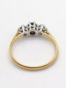 1926: Vintage: 18ct Gold French Blue Sapphire Diamonds 3-Stone Straight Ring- From 1973