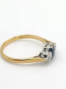 1926: Vintage: 18ct Gold French Blue Sapphire Diamonds 3-Stone Straight Ring- From 1973