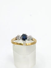 Load image into Gallery viewer, 1926: Vintage: 18ct Gold French Blue Sapphire Diamonds 3-Stone Straight Ring- From 1973
