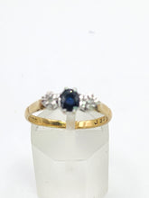 Load image into Gallery viewer, 1926: Vintage: 18ct Gold French Blue Sapphire Diamonds 3-Stone Straight Ring- From 1973
