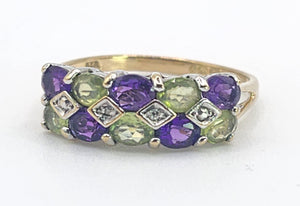 1997: Vintage: 9ct Gold Amethyst. Peridot, Diamonds Suffragette Homage Stacker Ring- Elegant combination