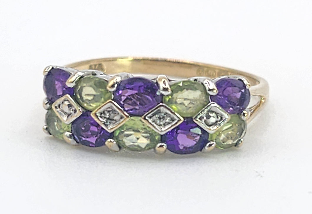 1997: Vintage: 9ct Gold Amethyst. Peridot, Diamonds Suffragette Homage Stacker Ring- Elegant combination