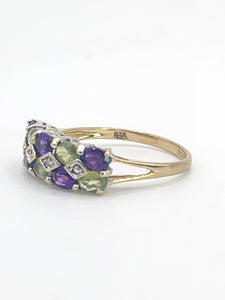 1997: Vintage: 9ct Gold Amethyst. Peridot, Diamonds Suffragette Homage Stacker Ring- Elegant combination
