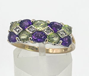 1997: Vintage: 9ct Gold Amethyst. Peridot, Diamonds Suffragette Homage Stacker Ring- Elegant combination