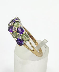 1997: Vintage: 9ct Gold Amethyst. Peridot, Diamonds Suffragette Homage Stacker Ring- Elegant combination