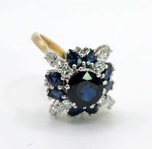 2022: Vintage: 18ct Gold French Blue Sapphires Diamonds Cluster Cocktail Ring- fabulous