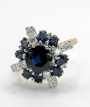 Load image into Gallery viewer, 2022: Vintage: 18ct Gold French Blue Sapphires Diamonds Cluster Cocktail Ring- fabulous
