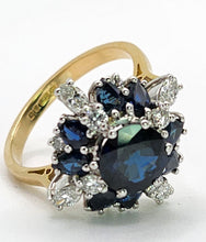 Load image into Gallery viewer, 2022: Vintage: 18ct Gold French Blue Sapphires Diamonds Cluster Cocktail Ring- fabulous
