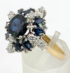 2022: Vintage: 18ct Gold French Blue Sapphires Diamonds Cluster Cocktail Ring- fabulous