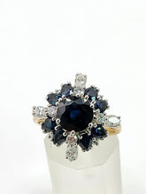Load image into Gallery viewer, 2022: Vintage: 18ct Gold French Blue Sapphires Diamonds Cluster Cocktail Ring- fabulous
